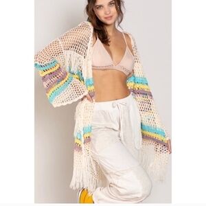 POL Lightweight Boho Sunset Getaway Fringe Crochet Cardigan Duster NWOT Sz S